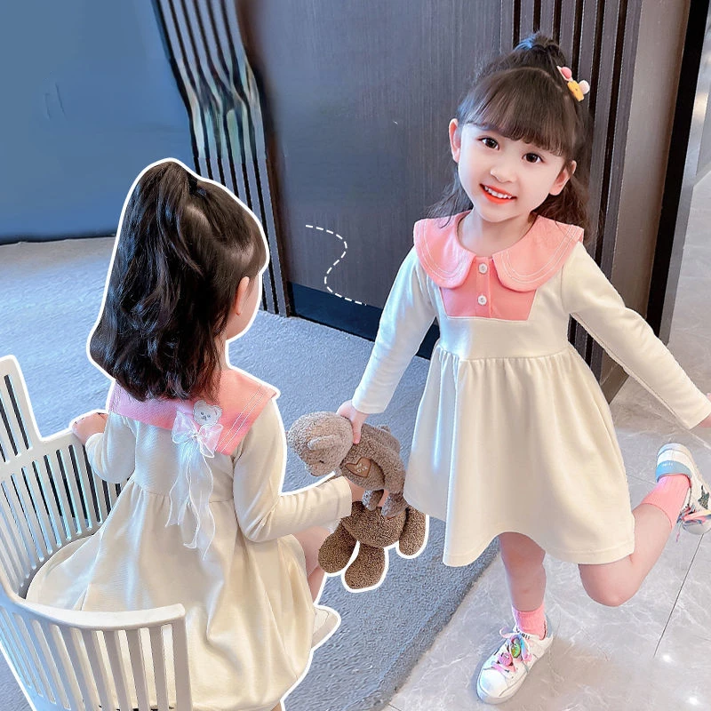 

Платье для девочек, детская одежда, Корейская версия в стиле преппи, с длинными рукавами, милая осенняя одежда в западном стиле для детей