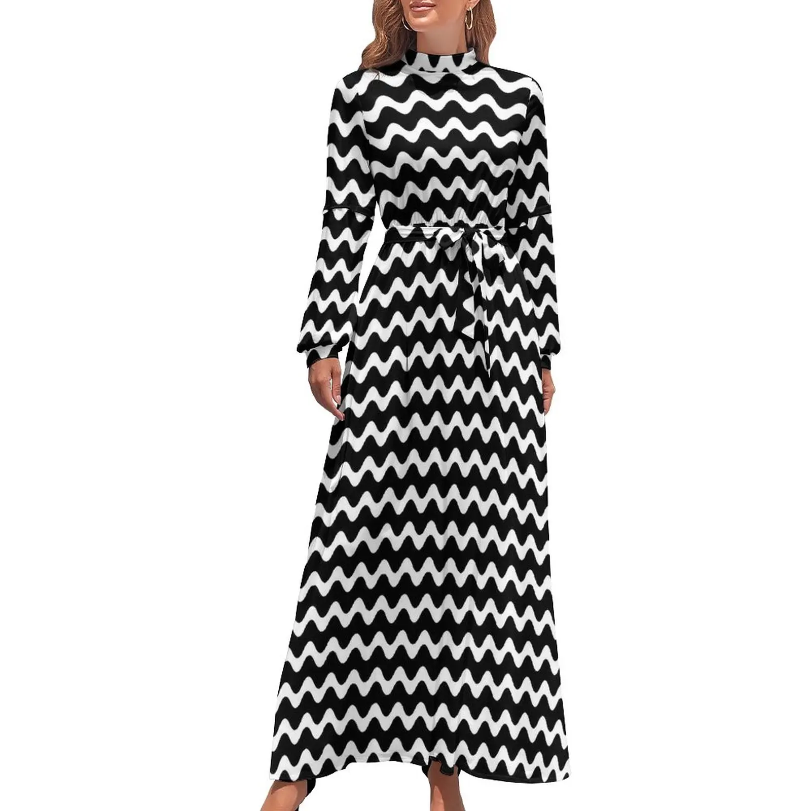 

Waves Dress High Neck Black And White Striped Custom Bohemia Dresses Long Sleeve Aesthetic Long Maxi Dress Party Vestidos