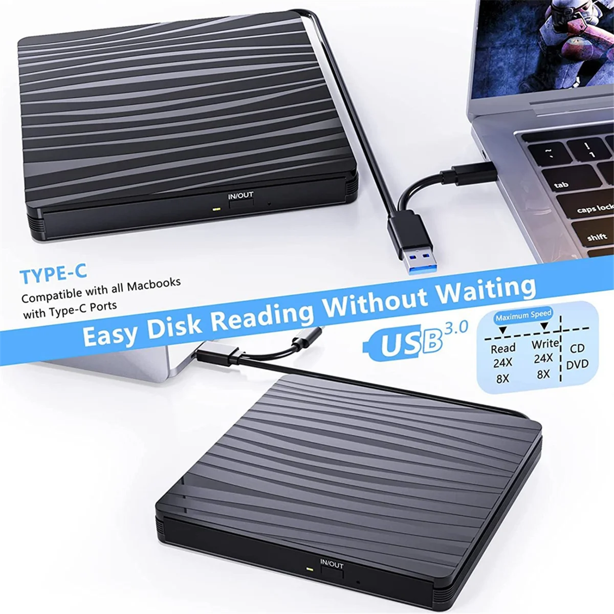 Внешний CD/DVD-привод для ноутбука USB 3 0 и Type-C портативный CD DVD +/-RW рекордер