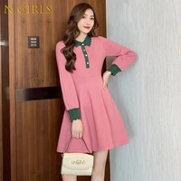 n girls sweet pink knit pullover dresses for women fall new contrast stitching lapel lantern long sleeve a line sweater dress