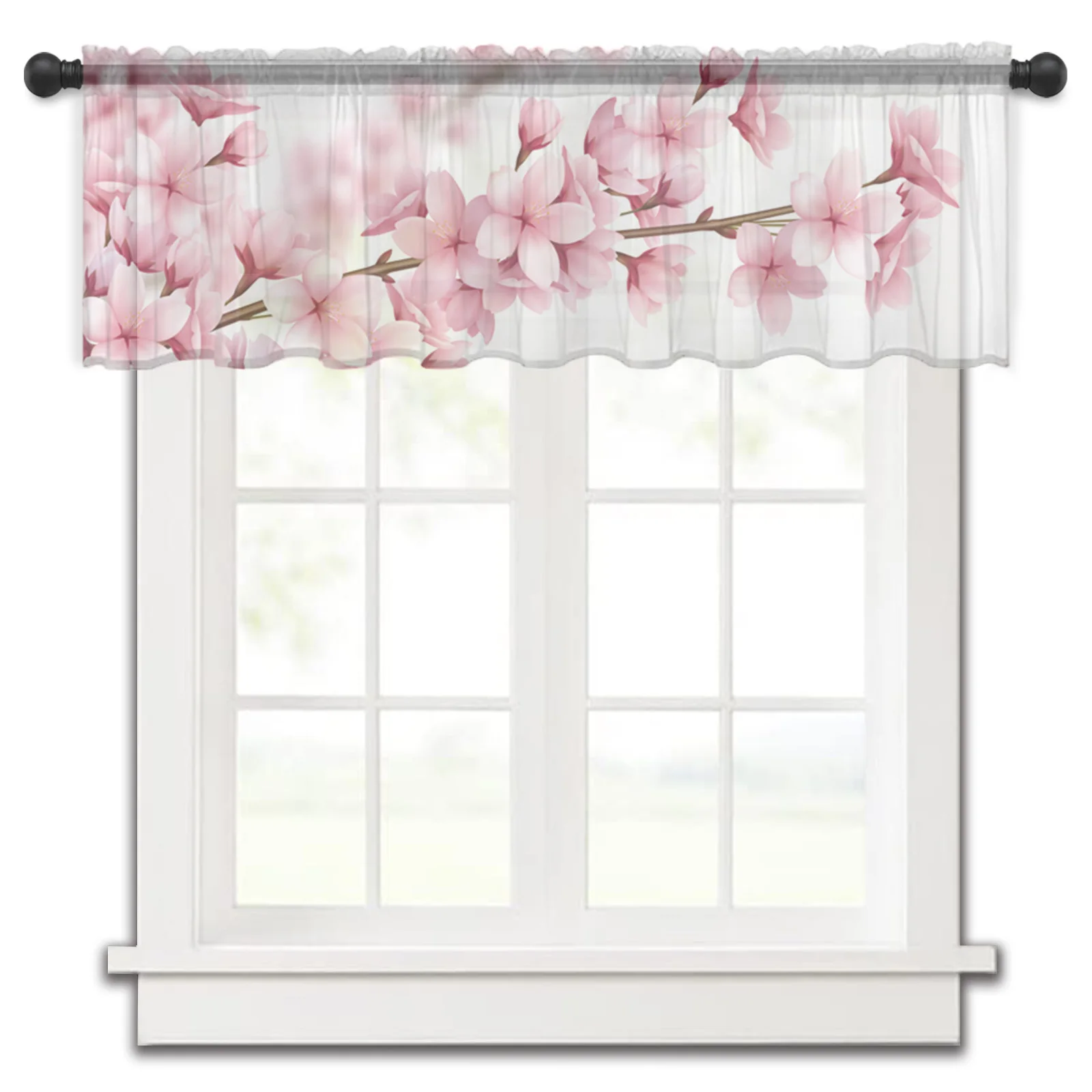 

Cherry Blossom Pink Flower Kitchen Small Window Curtain Tulle Sheer Short Curtain Bedroom Living Room Home Decor Voile Drapes