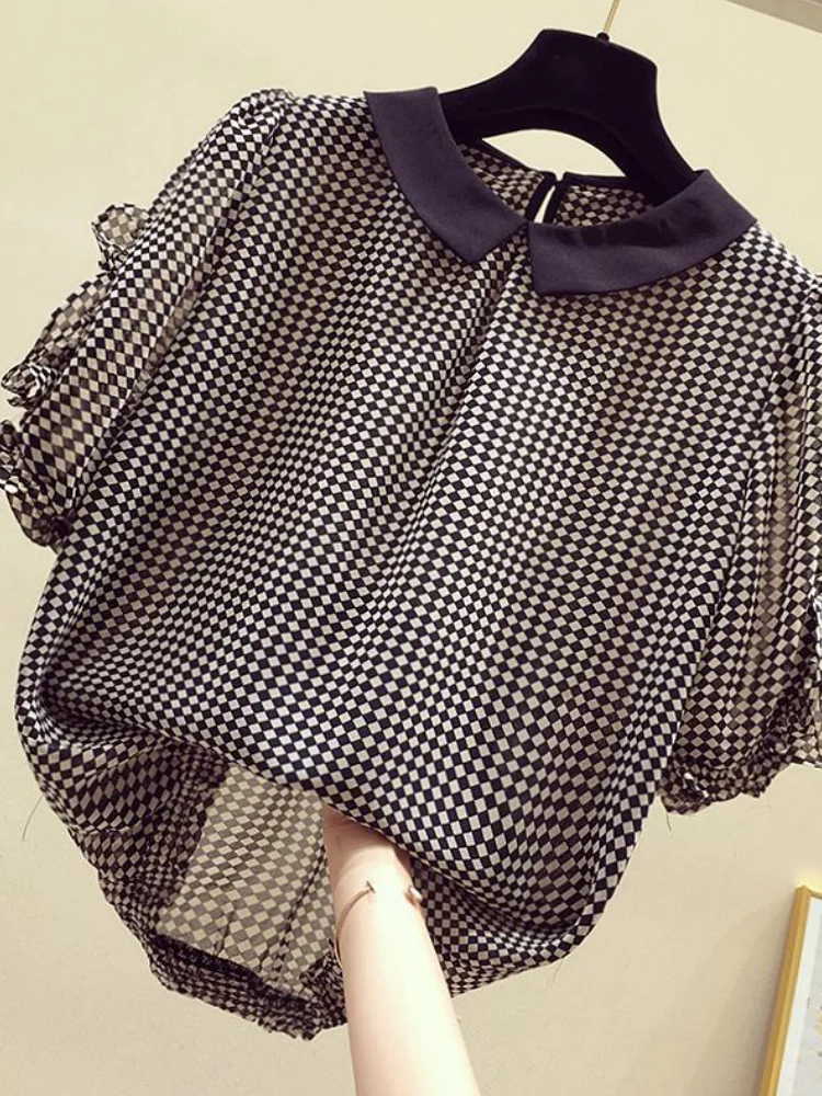 

Женская шифоновая блузка с цветочным принтом, свободная элегантная верхняя одежда с отложным воротником и оборками, лето 2021