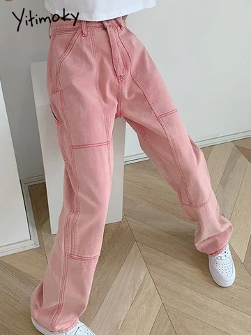 Yitimoky Woman Jeans Streetwear Vintage Quality Harajuku Straight Pants High Waist Wide Leg Clothing Pink Women's Denim Trousers