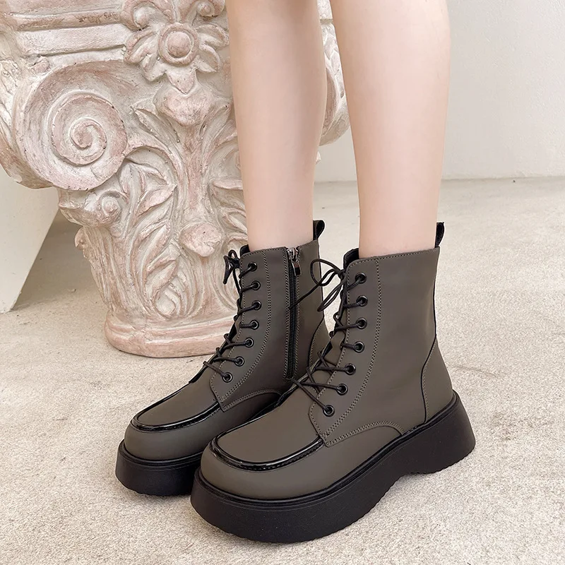 Women's Boots Thick-soled Short  Autumn New Lace-up  Shoes Single  Plus Velvet Soft-soled