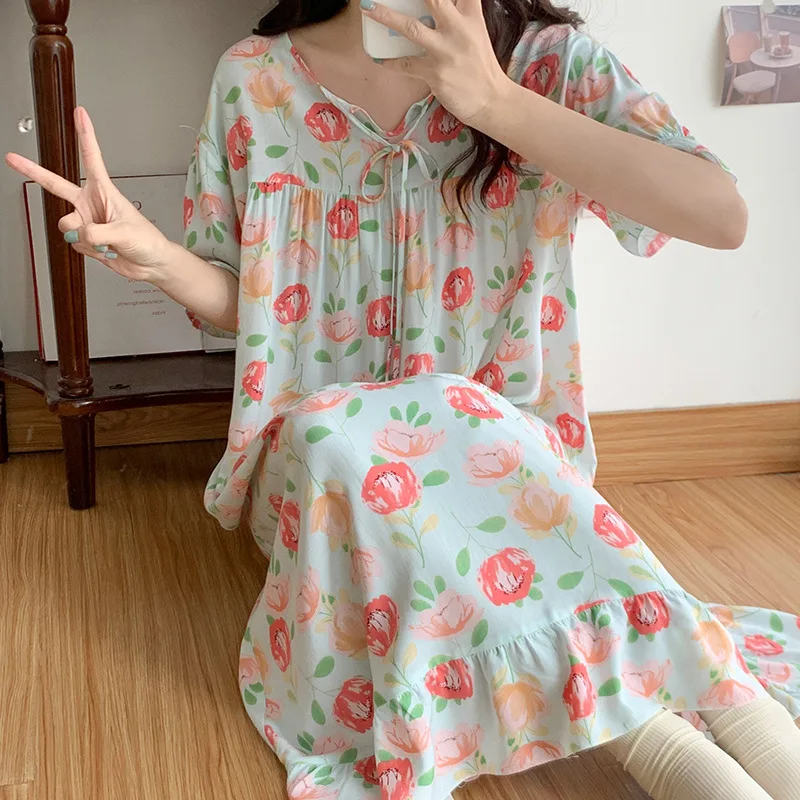 Short Sleeves Spring Loose Nightgowns Women Cotton Sleepshirts Casual Fashion Floral Print Lounge Mujer Clothes Summer Sleepwear