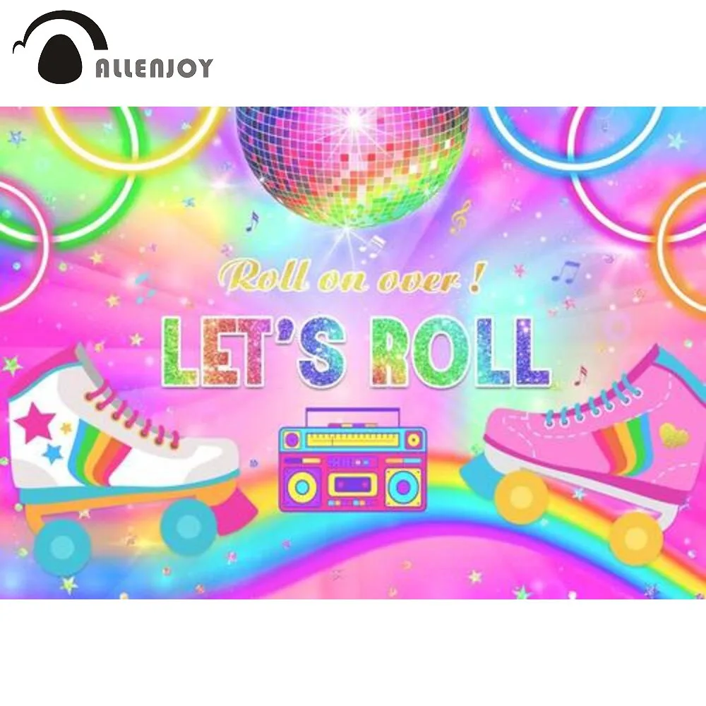 

Allenjoy Rainbow Let's Roll Birthday Party 80 90s Background Glow Skating Neon Roller Disco Pink Dance Photozone Backdrop