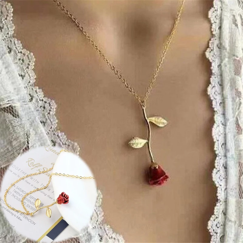 

Fashion Women Jewelry Pendant Rhinestone Necklace Red Rose Flower Chain