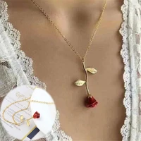 fashion women jewelry pendant rhinestone necklace red rose flower chain