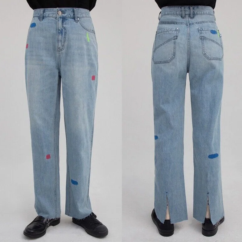 

Damage Hole Graffiti Embroidery Adererror Jeans Men Women 1:1 Best Quality Back Split Denim Ader Error Bell Bottom Pants