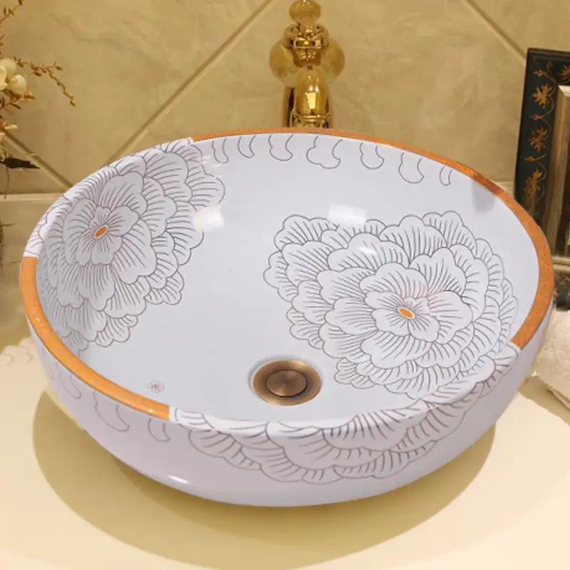 

Bathroom art wash basin Bathroom Cloakroom Sinks Counter Top Wash Basin white peony pattern Ceramic Washing basins Bathroom Sin