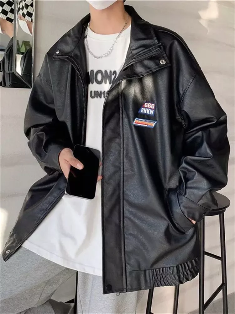 

Куртка techwear 2022SS Мужская Корейская трендовая мотоциклетная кожаная куртка BF на молнии Красивая универсальная куртка для влюбленных из ПУ ко...