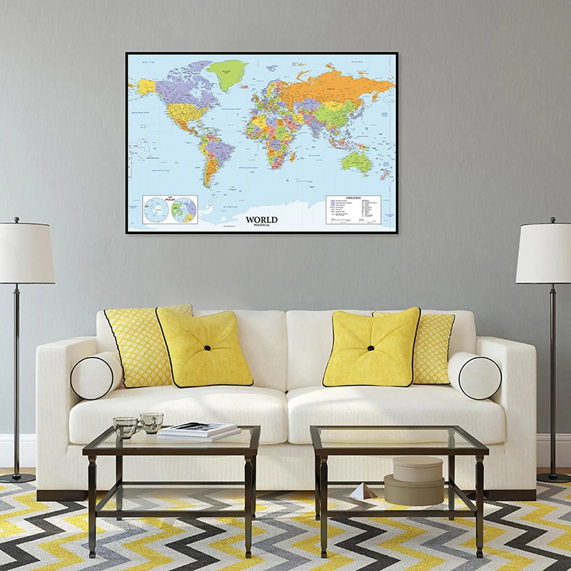 

80*60 см, политическая карта мира с деталями, Картина на холсте без рамки, художественный постер и печать на стене офиса, школы