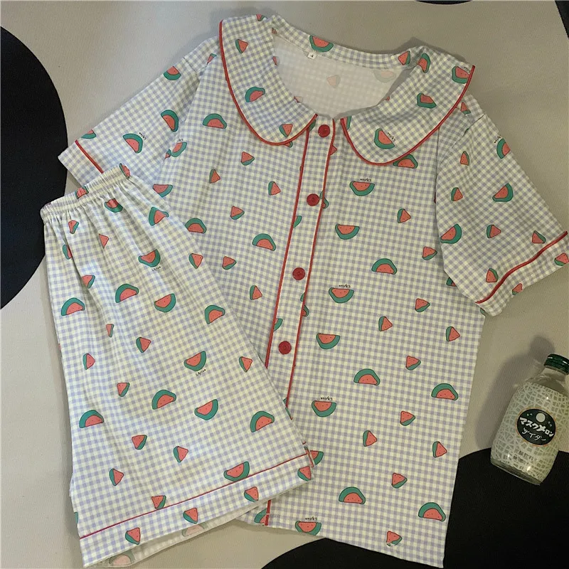 CAIYIER Cute Watermelon Girls Sleepwear Summer Short Sleeve Shorts Nightwear Korean Soft Kawaii Pijamas Set Women Lounge Wear