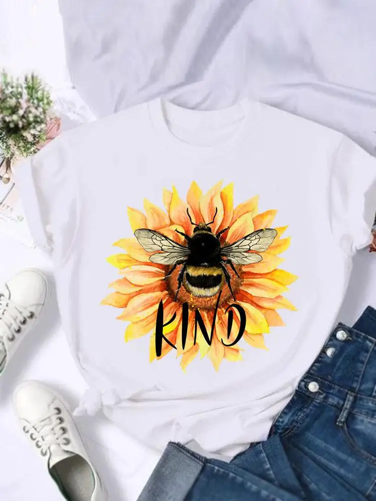 

Short Sleeve Bee Flower 90s Trend Cute Fashion Print T Shirt Summer Women Female Casual Top Tshirts Cartoon Graphic Tee T-Shirt