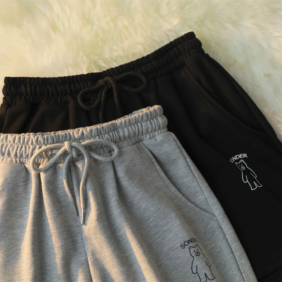 High Waist Women Shorts Korean Cartoon Bear Embroidery Shorts Casual Loose Cotton Wide Leg Sport Shorts Female Summer Bottoms