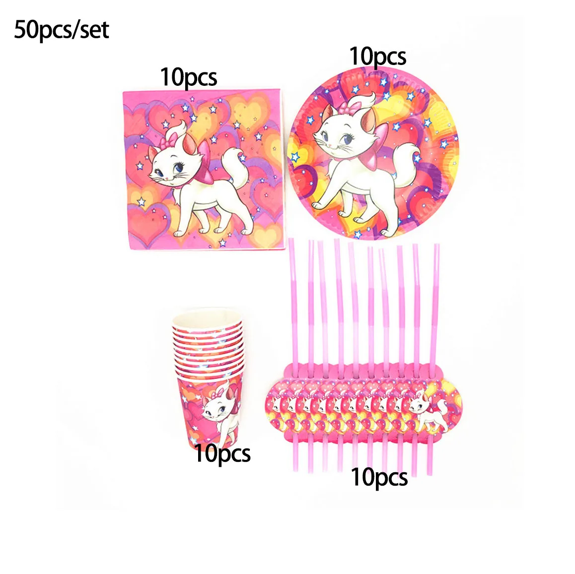

50Pcs Disney Marie Cat Girls Birthday Party Decorations Paper Plates Cups Napkins Straws Towels Baby Shower Tableware Set
