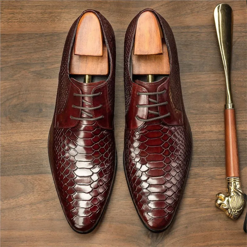 

Luxury Men oxford Shoes Burgundy Snake Pattern Classic Style Men Dress Genuine Leather Shoes Lace Up Pointed Toe Formal Shoe Men