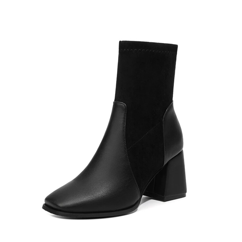 Botas De Mujer 2023 Ankle Womens Boots Plush Warm Winter Elastic Short Socks Boots Square Toe Heels Gothic Shoes