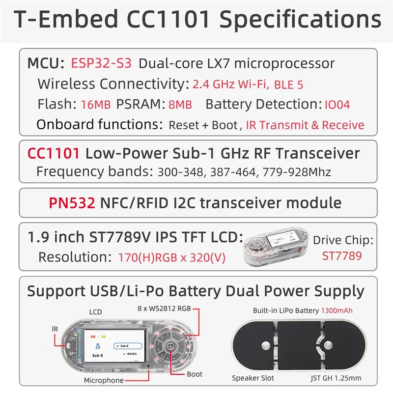 Фото T82C Лидер продаж-LILYGO Новый T-образный ESP32-S3 CC1101 Маломощный ГГц RF-трансивер PN532 NFC RFID I2C Модуль ЖК-плата Батарея 1300 мА №3