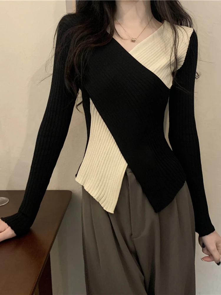 

Knit Sweater Women's Top Autumn 2022 New Style Stitching Contrast Color Cross Slim Fit Bottoming Sweater Trend GD733