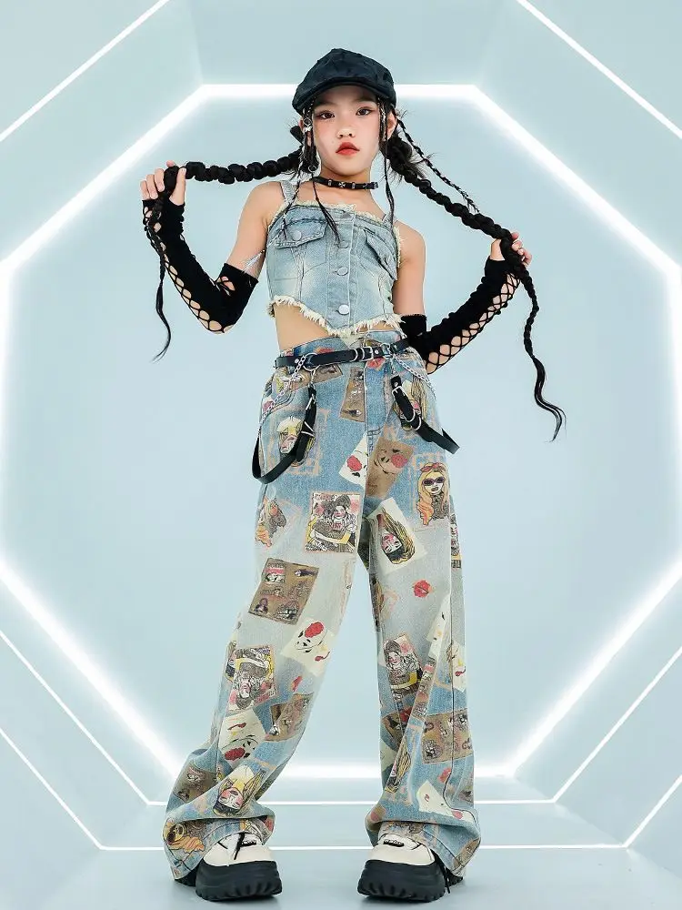 Крутая укороченная майка в стиле хип-хоп для девочек свободные джинсы покера