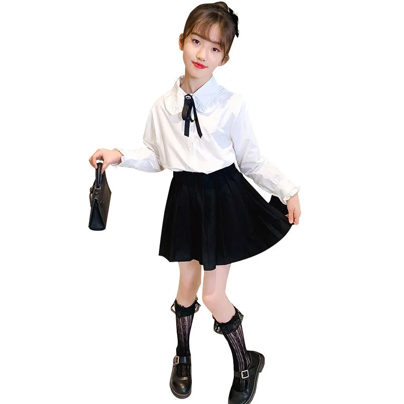 

New Arrival Kids Girls Long Sleeve Tops Cotton Teenage Turn-down Collar Whtie Blouse Spring Autumn Children Clothing 8 To 12 Yrs