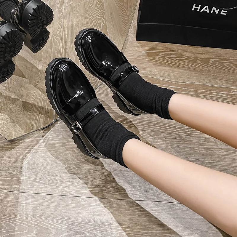 Women Mary Jeans Japanned Leather Loafers Femme Luxury Mocasines Thicken Soled Oxfords Ladies Shoes