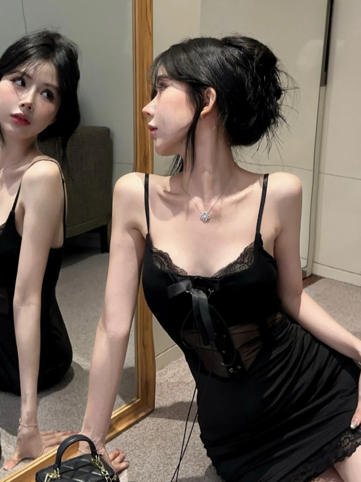 Осенняя одежда Gyaru Sle черное кружевное сексуальное платье на бретельках детское