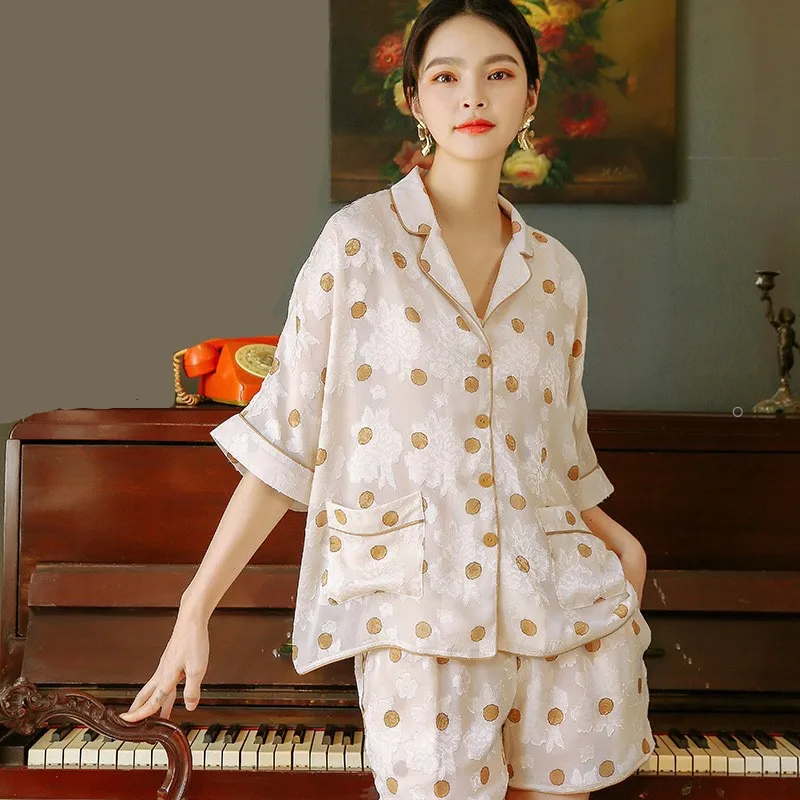 Summer Shorts Set Loose Women Silk Pyjamas Femme Satin Dots Pijama Vntage Print Sleepwear Short Sleeve Pajamas Casual Home Suit