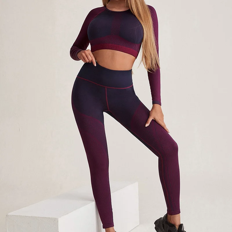 CUTIES 2 Pieces Colorblock Workout Set Women Seamless Yoga Suits Patchwork Sport Gym Wear Long Sleeve Fitness Clothes Tracksuit
