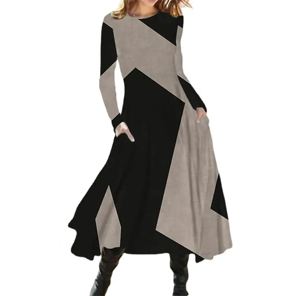 

Women Dress Color Block Patchwork Round Neck Ethnic Style Long Sleeves Warm A-line Plus Size Pockets Autumn Dress for Daily Wear
