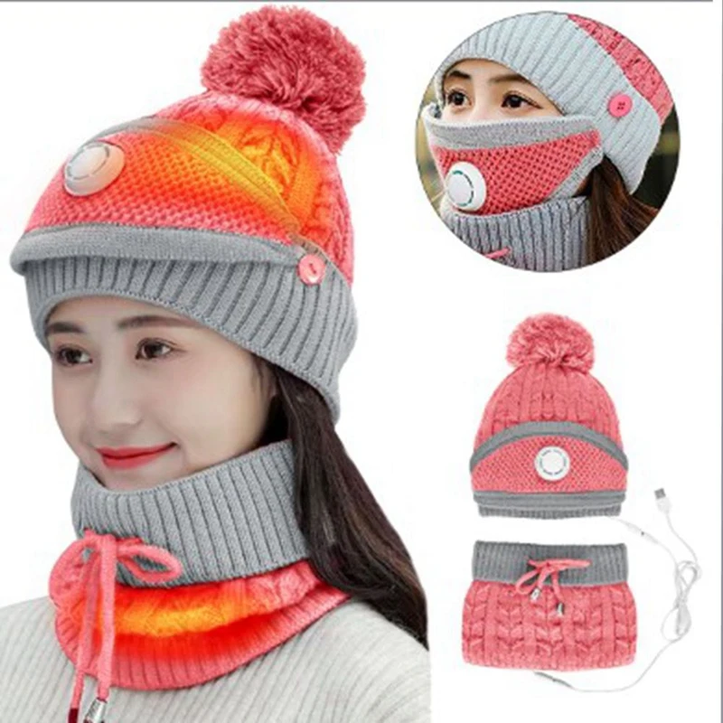 

1 Set USB Heated Hat Scarf 3 Piece Set Winter Balaclava Knitted Beanie Hats Warm Thick Neck Gaiter Cap Pink