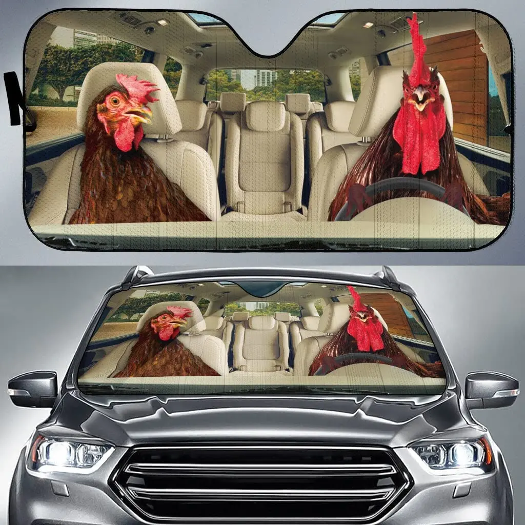 

Rhode Island Red Chicken Driving Sunflower Sunshade visor car windshield visor for UV sun protection, car front window visor