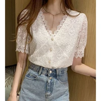 fashion embroidery button korean sweet white blouses sexy v neck hollow out short sleeve lace shirt womens summer clothing 2022