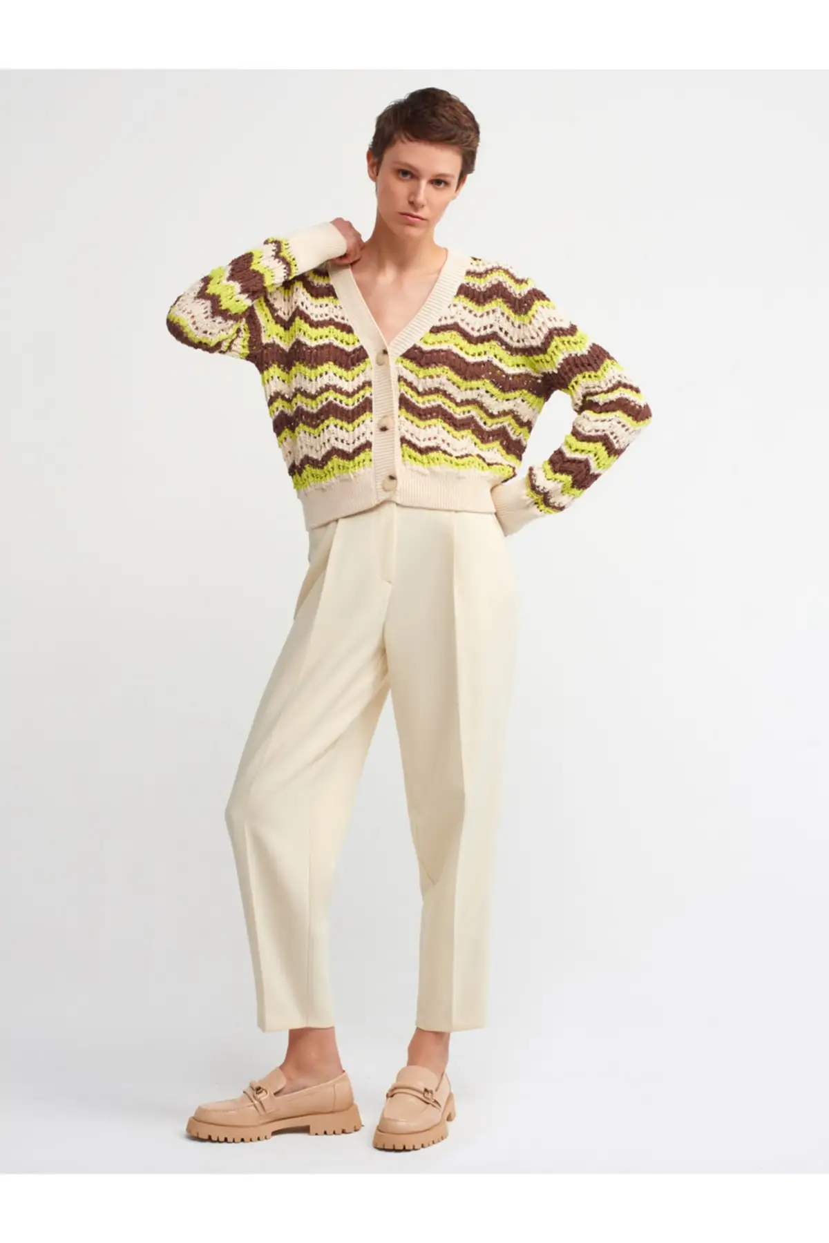 

Женский кардиган 60124, спортивная одежда в полоску с V-образным вырезом, повседневный вязаный качественный модный кардиган, свитеры, свободны...