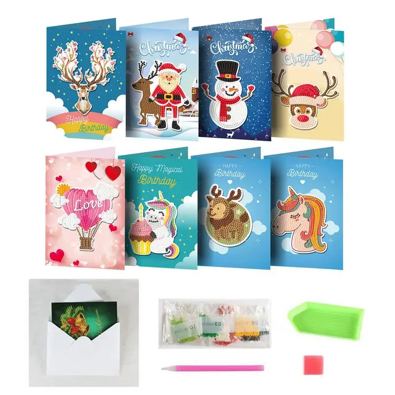 

Christmas Card Diamond Art 5D Diamond Picture Card For Kids 8 Pieces DIY Rhinestone Greeting Card Craft For Holiday And