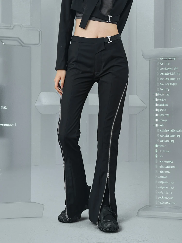 ENSHADOWER women's fashion streetwear skinny sexy pants zipper splicing all black style trouser hot cool girl