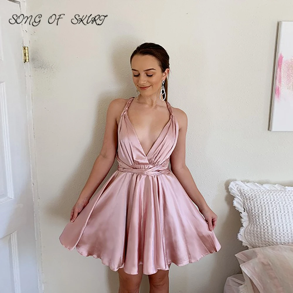 Сексуальные розовые атласные платья для выпускного вечера с глубоким V-образным