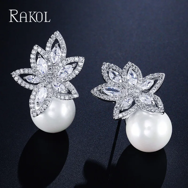 

RAKOL Trenday AAA+ Cubic Zircon Crystal Flower Stud Earrings for Women Big Imitation Pearl Bridal Wedding Jewelry Accessories