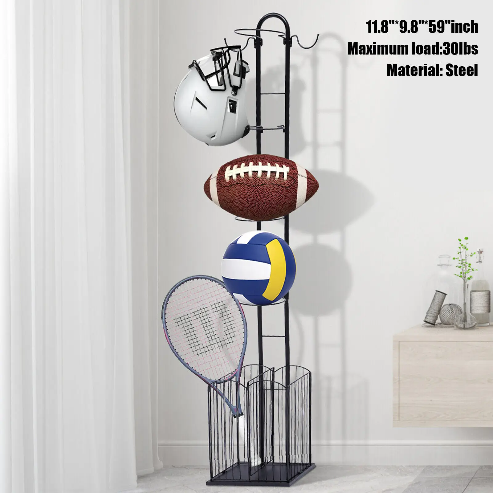 

4-Tier Sports Equipment Storage Rack Garage Ball Sports Equipment Organizer Display Holder with 2 Baskets and Hook