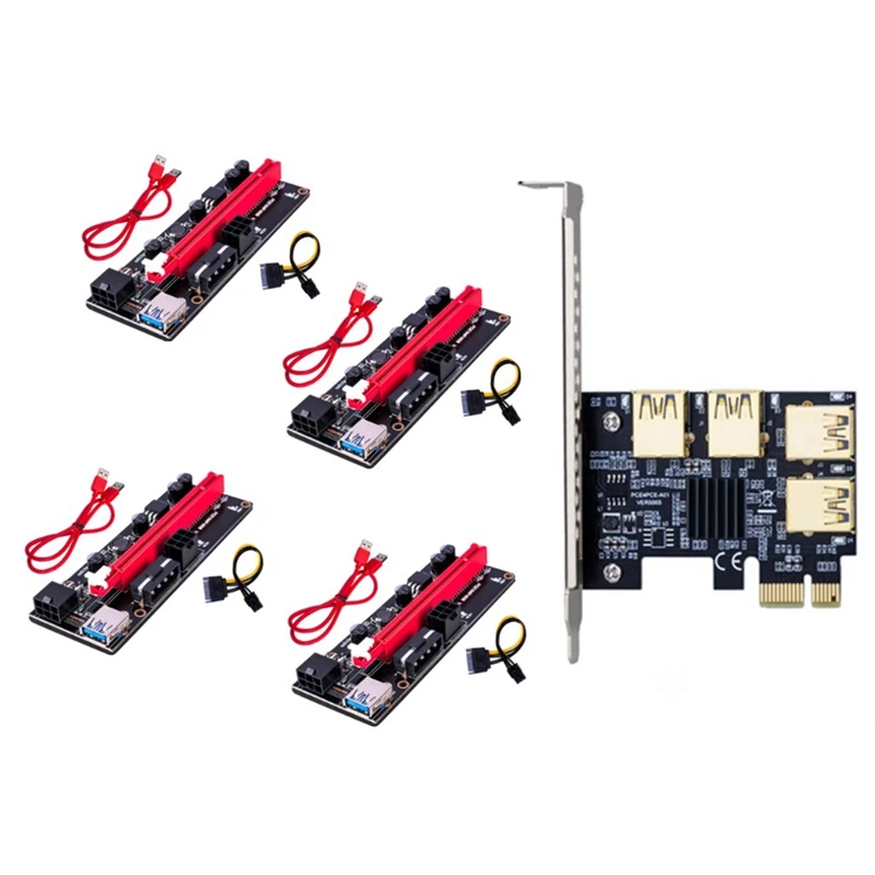 

PCIE 1X к 4 Pci-Express адаптер + Райзер-карта VER009S USB3.0 к PCI-E 1X к 16X видеокарта Удлинительный кабель для майнинга