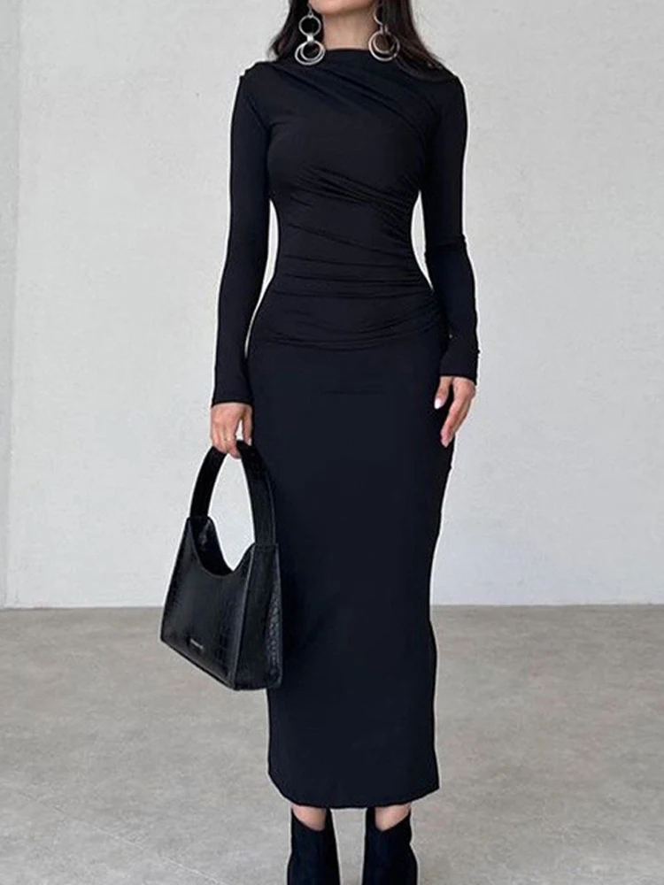 Осенние женские длинные платья с круглым вырезом и длинными рукавами