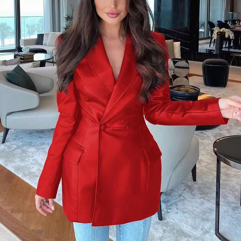 

Женский пиджак из искусственной кожи, Универсальный однотонный блейзер с отложным воротником на одной пуговице и длинным рукавом в стиле р...