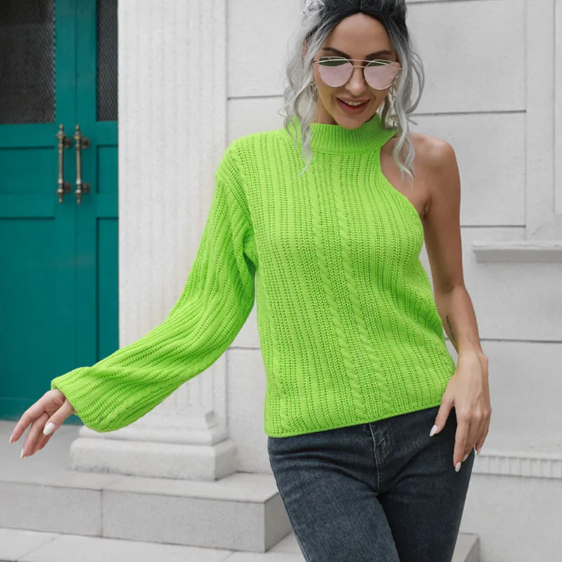 

Осенний сексуальный вязаный свитер с одним рукавом, женский модный пуловер с открытыми плечами, зеленый топ с высоким воротником, джемпер, с...