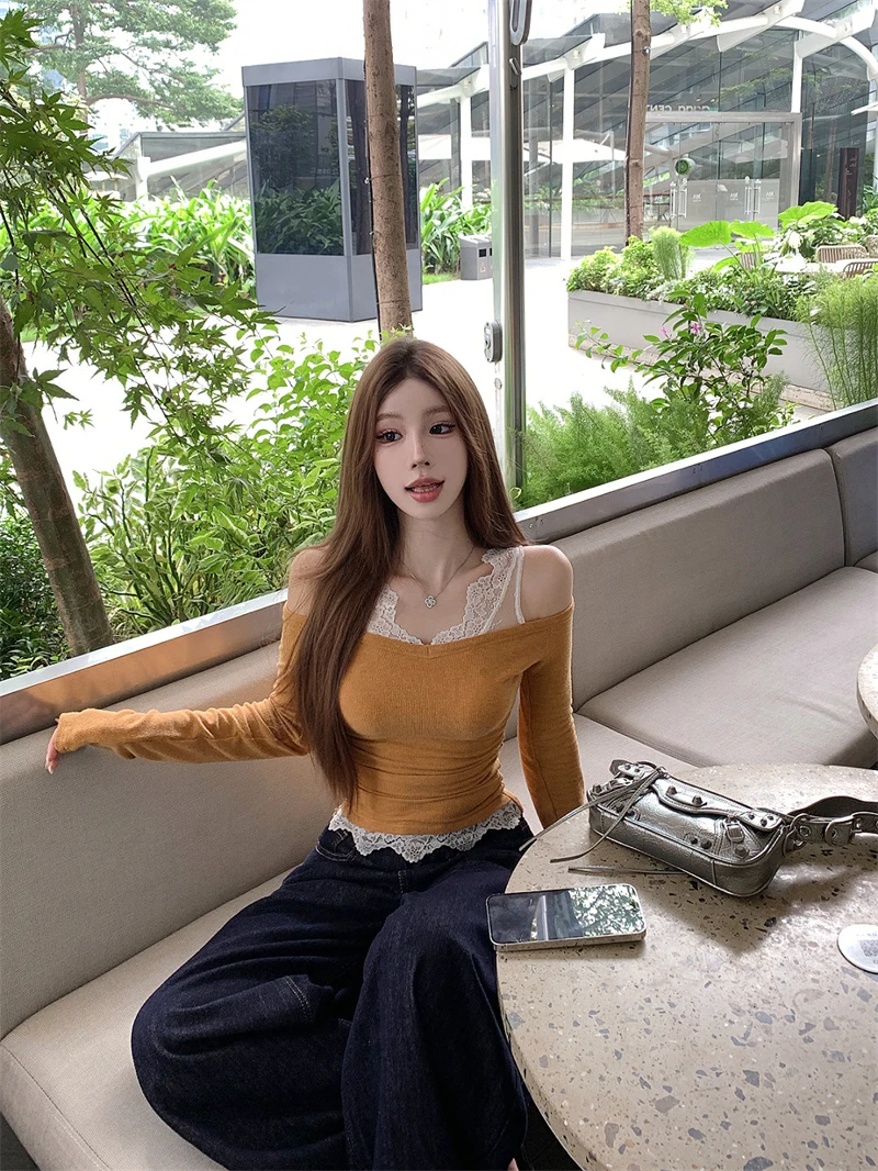 Милая горячая девушка кружевная лоскутная облегающая футболка женская осенняя