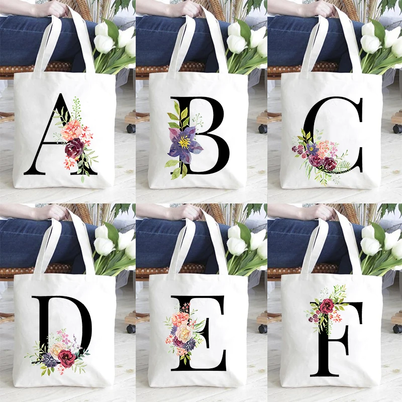 

Initial Letter Printed Female Shopping Bags Fashion Shoulder Bag Casual Travel Handbag Women Eco Reusable Totes Harajuku Bookbag