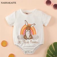 cute baby romper easter short sleeve baby bodysuit for kids toddler costume outfits cartoon rabbit print baby overalls unisex