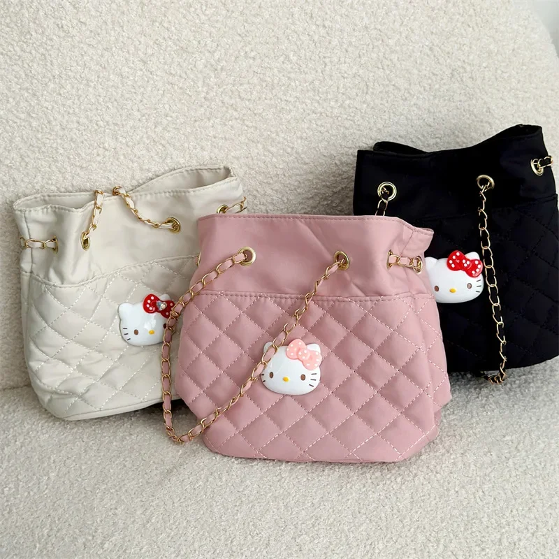 

Sanrio Kawaii Anime HelloKitty Handbag New Cute Fashion Large Capacity Drawstring Lozenge Shoulder Bucket Bag Girl Birthday Gift