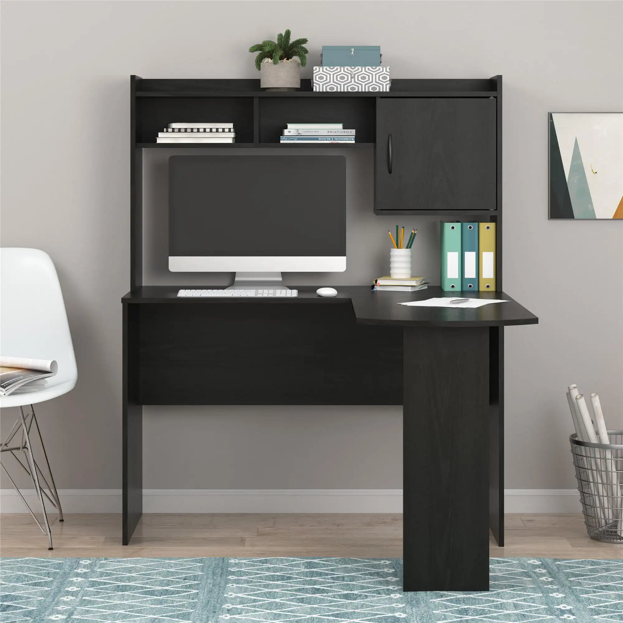 

L-Shaped Desk with Hutch, Black Oak