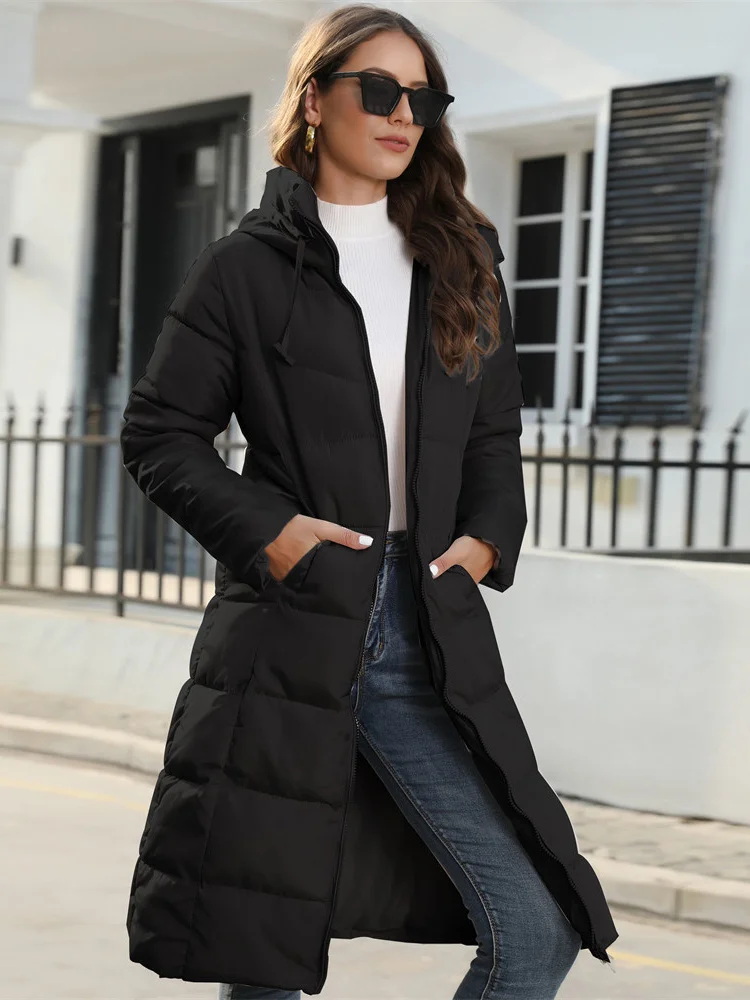 

Winter Coat Women 2023 New Fashion Down Cotton Jackets Long Slim Warmth Hooded Parkas Coat Black Khaki Clothing Feminina